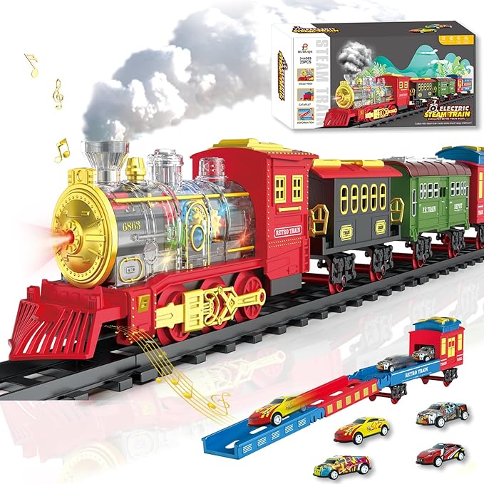 Electric Train Set Christmas Train Toys for Boys with Smokes, Lights and Sound (ON/Off) Rechargeable Train Set Under Christmas Tree, Toddler Model Trains for 3 4 5 6 7 8+ Years Old Kids Gifts