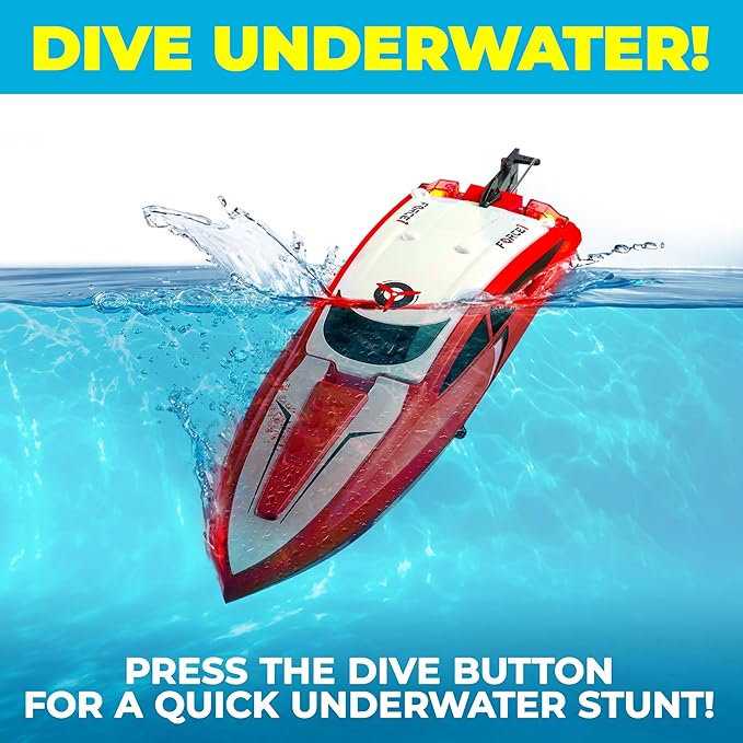 Force1 Velocity Red Fast RC Boat- Remote Control Boats for Adults and Kids, Underwater Speed Racing Mini RC Toy for Pools and Lakes, 2.4GHZ Transmitter, 2 Rechargeable Batteries, Low Battery Alert