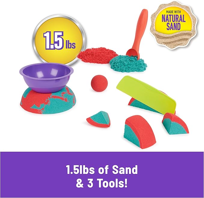 Kinetic Sand Mold n’ Flow with 1.5lbs Red & Teal Play Sand, 3 Tools, Sensory Toys for Kids Ages 3 and up
