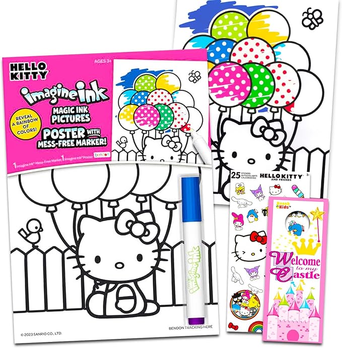 SANRIO Hello Kitty Imagine Ink Poster Set - Bundle with Hello Kitty Imagine Ink Coloring Poster Plus Stickers, More | Hello Kitty Coloring Activities for Girls, Kids