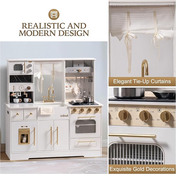 ROBUD Play Kitchen for Kids, Wooden Play Kitchen Set with Plenty of Realistic Play Features, Toy Kitchen with Ice Maker, Coffee Machine, Oven, Cabinet, Microwave, Utensils, Gift for Ages 3+, White