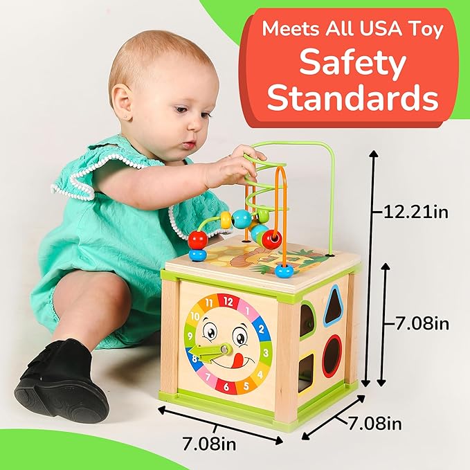 TOYVENTIVE Wooden Activity Cube, Montessori Toys for 1+ Year Old Girl, Multipurpose Educational Sensory Toy for Baby, Toddler, Kid | First Birthday Gift | Bonus First Words Book
