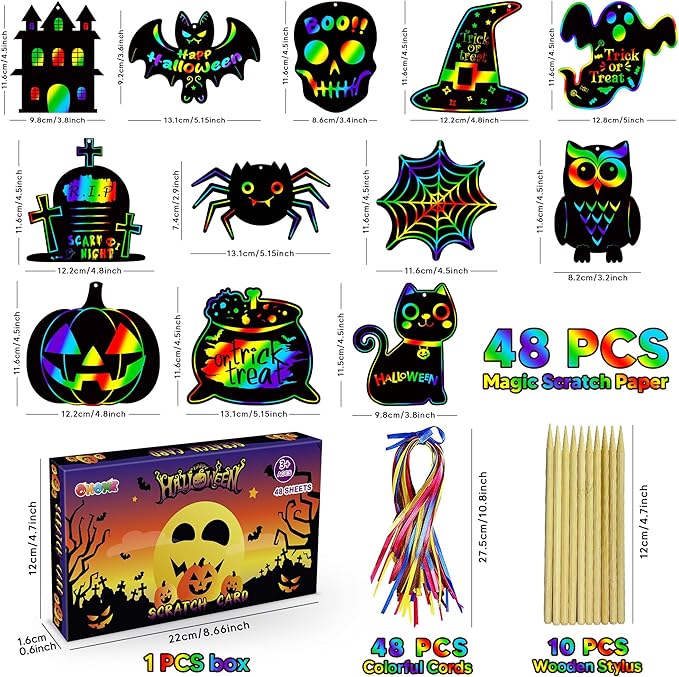 OHOME Halloween Party Favors - 48 PCS Halloween Magic Rainbow Scratch Paper Cards Set,Halloween Games for Kids - Kids Halloween Treats Toys Gifts Party Supplies | Halloween Crafts for Kids