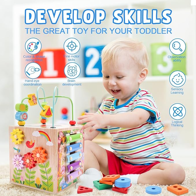 Wooden Activity Cube | Montessori Toys for 1 2 3 Year Old Toddlers | One Year Old 1st First Birthday Gift | Educational Toys for 12+ Months Baby Boys Girls | Bonus Sorting & Stacking Game (Pink)