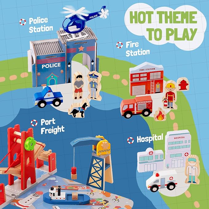 Giant bean 117 Pcs Busy Port City Train Set for Kids- Expandable & Changeable Wooden Train Track Set Toddler Toy, for Boys & Girls Ages 3+