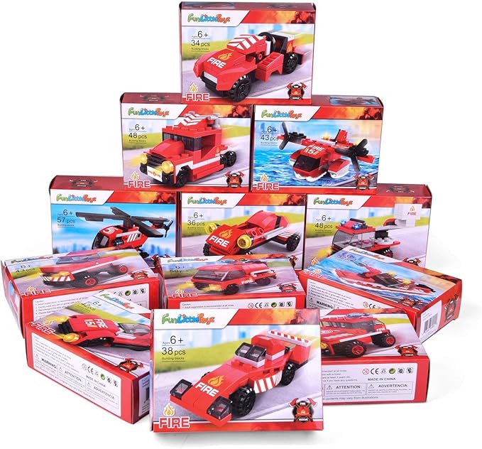 FUN LITTLE TOYS 12 Boxes Fire Rescue Vehicles Mini Building Blocks Party Favors for Kids 8-12, Car Building Kit, 3D Assembly Cars for Easter Eggs Empty, Kids Prizes in Bulk for School