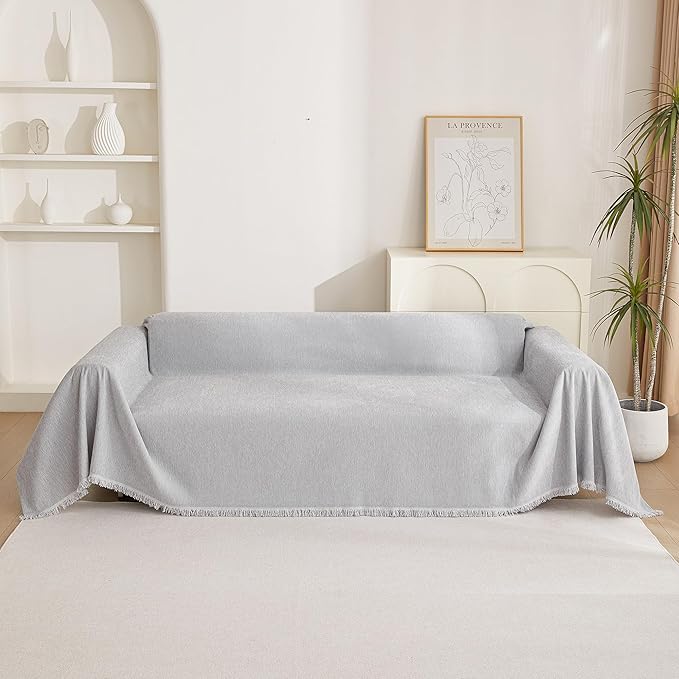 MYSKY HOME Sofa Cover for Dogs Washable for Loveseat Boho Couch Cover Cover for Sofa Couch Cover Blanket Couch Cover Thick Durable Tassel Water Resistant Furniture Protector, 71"x 118", Light Gery