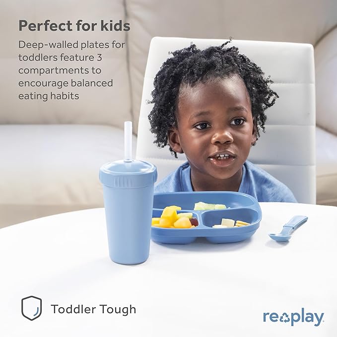 Re-Play Made in USA 7" Deep Walled Divided Plates for Kids, Set of 3 - Reusable 3 Compartment Plates, Dishwasher and Microwave Safe - 7.37" x 7.37" x 1.25", Droid