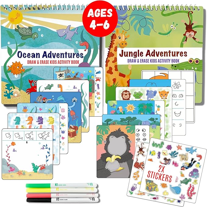 Kids Small Size Travel Educational Activity Books with Washable Markers (7"x7") - Car and Airplane Activities - Search and Find, Reusable Stickers for Ages 4, 5, 6 (Jungle & Ocean)