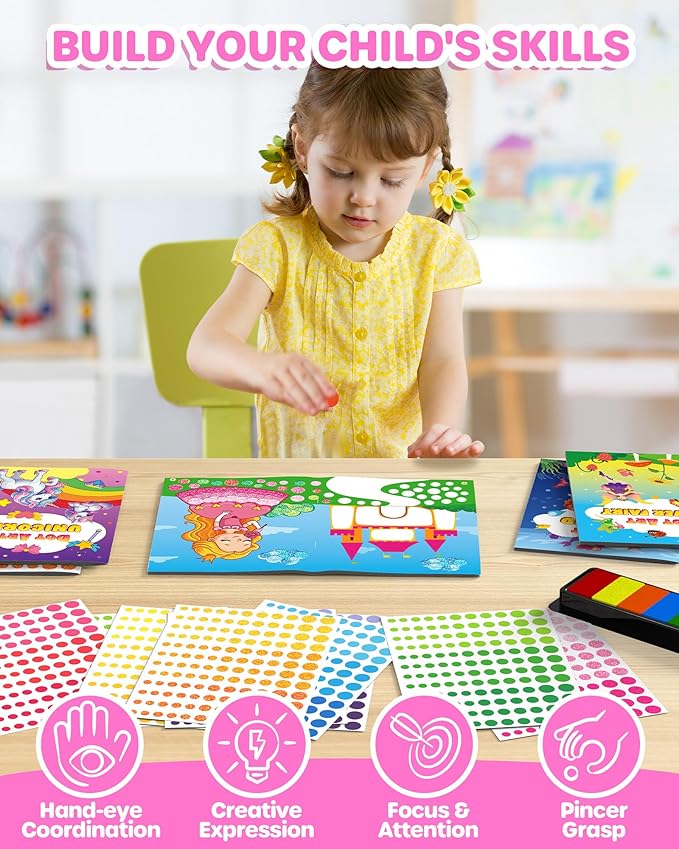 D-FantiX Dot Art Sticker Book Kits with Ink Pad, Mess-Free Finger Painting for Toddlers, Unicorn, Princess, Mermaid, Flower Fairy Arts and Crafts, Kids Travel Activities, Girls Easter Basket Stuffers