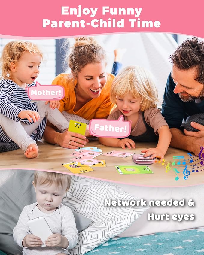 KOKODI Toddler Toys Talking Flash Cards for Girls 2 3 4 5 Year Old Birthday Gifts, Learning Toys with 224 Sight Words for Kids, Autism Speech Therapy Toys for Autistic Children, Montessori Toys, Pink