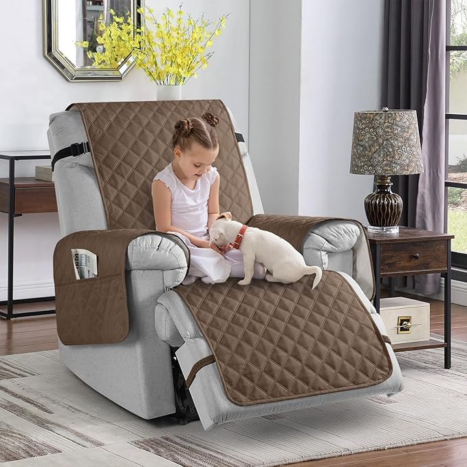 TAOCOCO Waterproof Recliner Chair Covers with Leg Strap 1 Piece Oversized Recliner Covers for Large Recliner for Pets Kids, Washable Reclining Chair Furniture Protector(28'' Oversized, Brown)