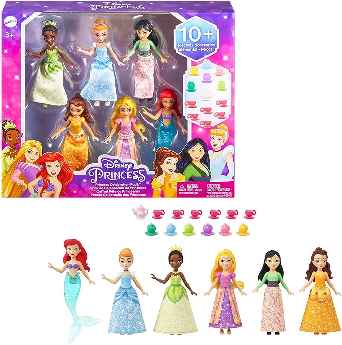 Mattel Disney Princess Toys, Small Doll Party Set with 6 Posable Princess Dolls in Sparkling Clothing & 13 Tea Time Accessories