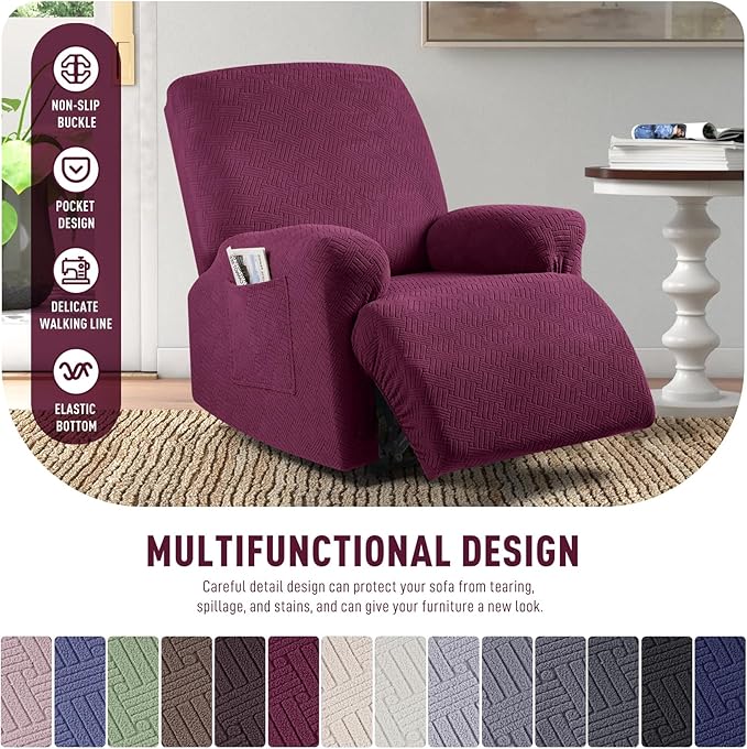 KinCam Recliner Covers, Stretch Reclining Chair Covers, Recliner Sofa Slipcovers Stripe Jacquard Recliner Couch Covers Furniture Protector Covers for Pet Kid (1 Seater, Burgundy)