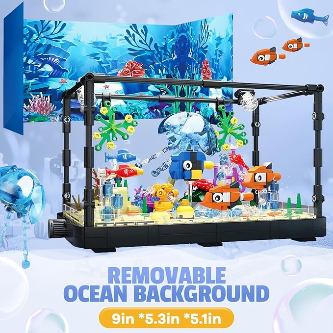SANCO Fish Tank Building Set with LED Lights for Audlts and Kids - Aquarium Building Block Toys Creative Sea Animal Model 725PCS for Boys and Grils Age 8-12-14