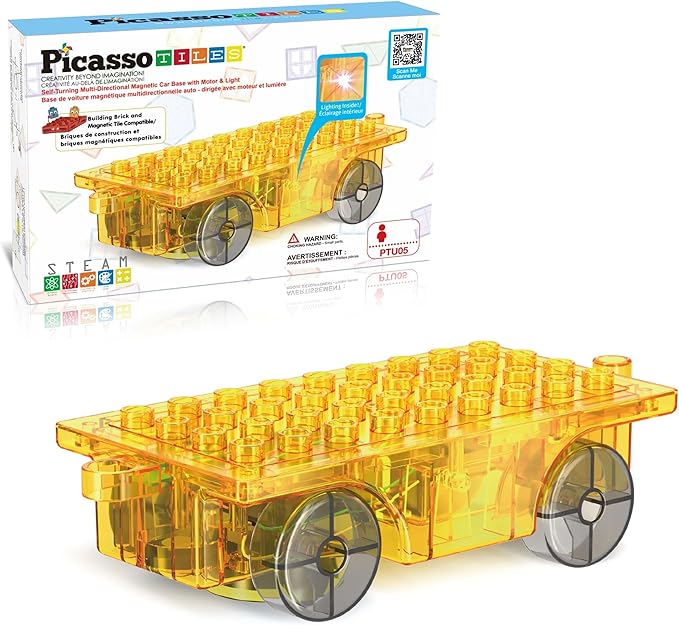 PicassoTiles Magnet Tile Motorized Car Base Self Turning Omnidirectional Truck with Light And Motor Playset Magnetic Tiles Construction Building Blocks Compatible STEM Learning Preschool Ages 3+ PTU05