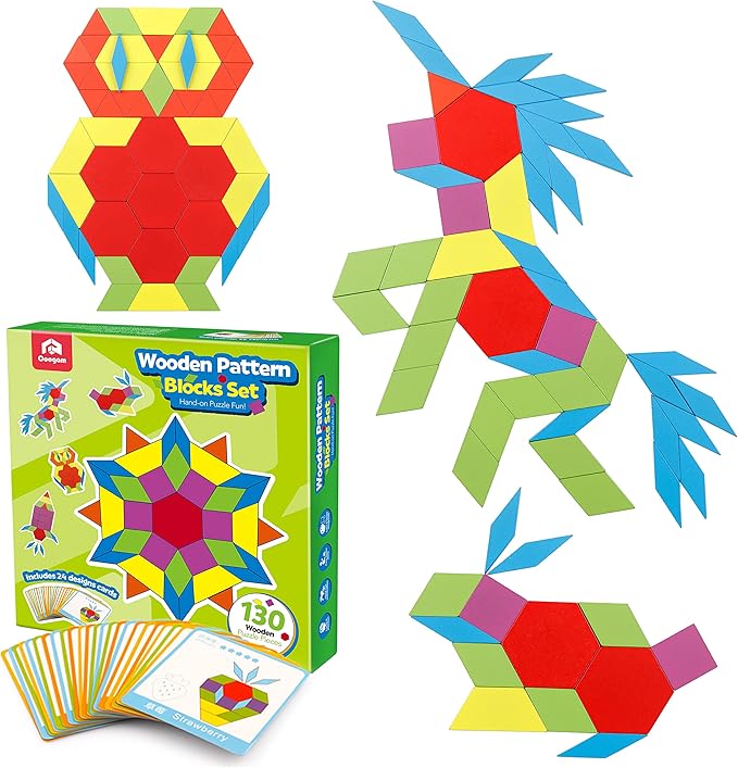 Coogam Wooden Pattern Blocks Set 130PCS Geometric Color Shape Manipulative Puzzle – Graphical Montessori Tangram Early Learning Educational Toys Brain Teasers STEM Gift for Kids with 24 Design Cards