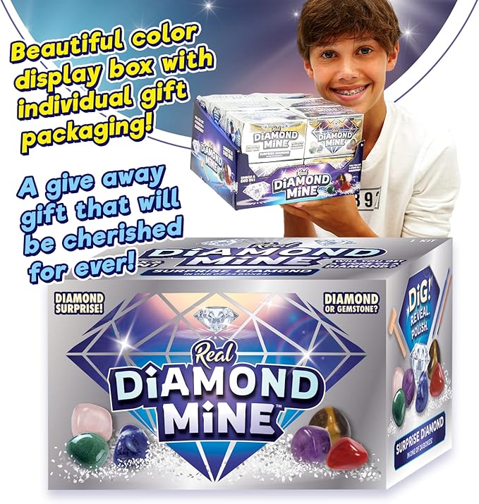 JA-RU Real Diamond Mine Gemstone Dig Kit (2 Packs) Mystery Rock, Minerals, and Gems for Kids | Break Your Own Geodes and a Chance to Get 1 Real Diamond | Party Favors for Kids Goodie Bags. 4630-2s
