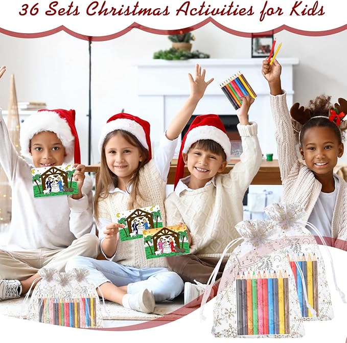 Qilery 25 Sets Christmas Activities Nativity Scene Coloring Page Bulk for Kids Coloring Page with Coloring Pencils and Organza Gift Bag Xmas DIY Art Drawing Page for Kids School Party Favor