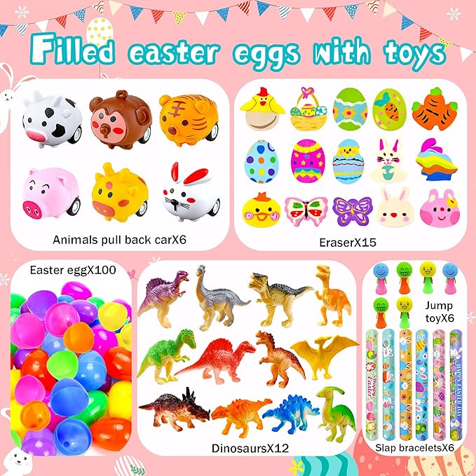 318 pcs Easter Eggs Filled Easter Egg Fillers 100 pack Easter Eggs Bulk wtih 218 Toys inside Small Toys for Easter Eggs Easter Basket Stuffers Easter Egg Hunt Party Favors for Kids Toddlers Boys Girls