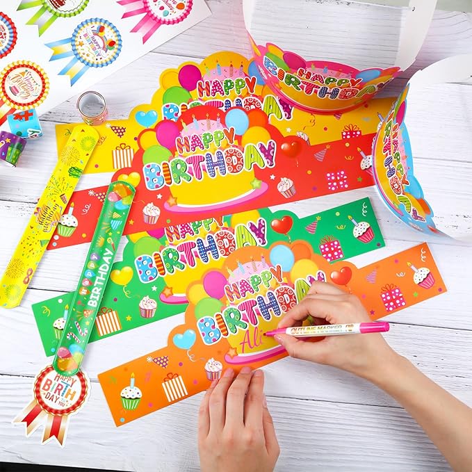 Yunsailing 108 Pcs Happy Birthday Party Supplies for Kids Include 36 Birthday Paper Crowns 36 Birthday Badge Stickers 36 Happy Birthday Slap Bracelets for Classroom School Party Supply(Fresh Color)