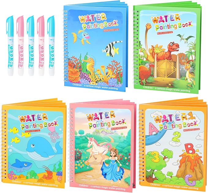 5 Pack Reusable Water Coloring Books for Toddlers, Water Doodle Book Toys, Paint with Water Books,Mess-Free Coloring Book, Portable Educational Doodle Drawing Toy, Educational Learning Kits Gifts