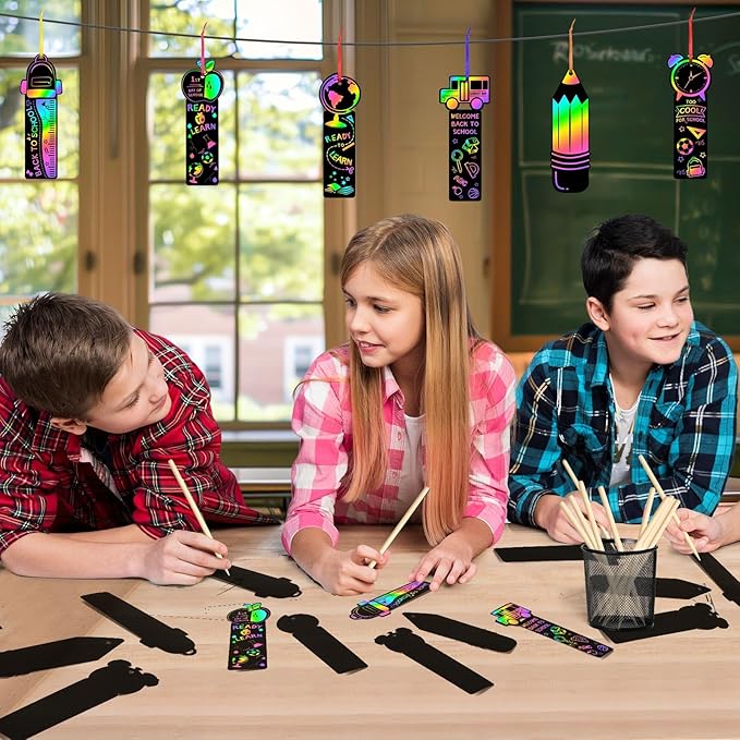 JUNEBRUSHS 30Pcs Welcome Back to School Scratch Bookmarks, Rainbow Magic Scratch Paper Art Back to School DIY Craft Kit First Day of School Gifts for Students Classroom Activity Party Favors