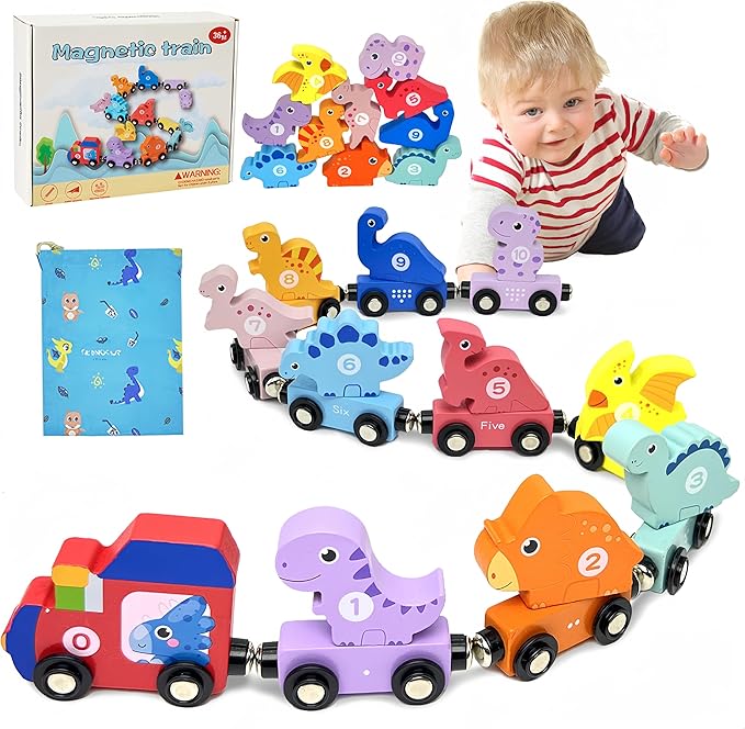 Toddler Boy Toys Age 1-3, Dinosaur Toy Wooden Magnetic Train Set with Playmat/Storage Bag for Baby Boy Birthday, Montessori Educational Toys for 1 2 3 Years Old Boys & Girls
