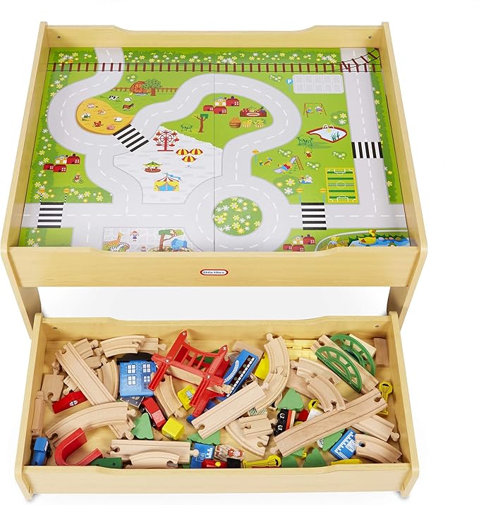 Little Tikes Real Wooden Train and Kids Table Set with Over 80 Multicolor Pieces Activity Table with Storage, Tracks, Trains, Cars, and More - Train Set Table Playset for Boys and Girls 3+ Years