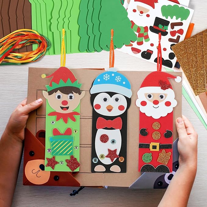 500pcs Christmas Craft Kits for Kids, 32 Sets DIY 3D Holiday Bookmarks Ornaments Decorations, Santa Reindeer Foam Felt Stickers Arts and Crafts for Kids Xmas Winter Classroom Activities