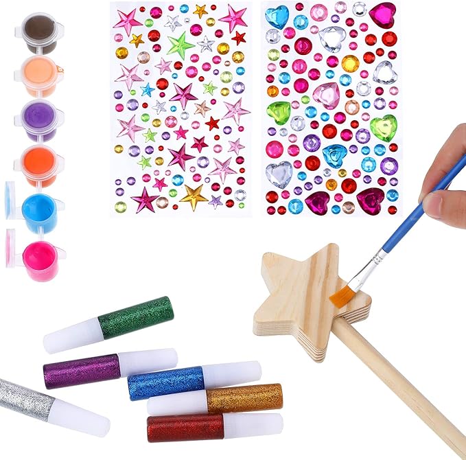 BBTO 24 Pieces Make Your Own Princess Wand Kit Include 2 Wooden Star Wands, 2 Dowels, 4 Satin Ribbons, 2 Gem Stickers, 6 Paints, 2 Paintbrushes, 6 Glitter Glues Pens Fairy Wand Art Craft Kit for Girl