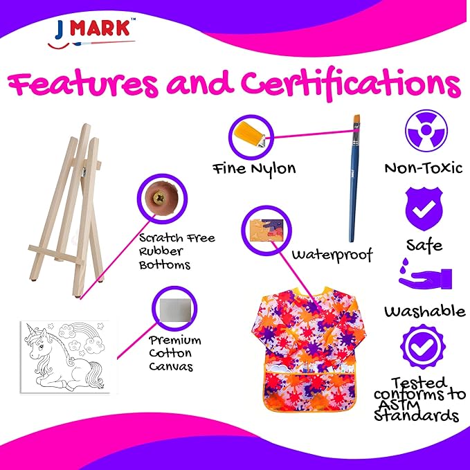 J MARK Pain Set for Kids – Acrylic Kids Painting Kit with Storage Bag, Washable Paints, Easel, Canvases, Brushes and More, Complete Kids Painting Set