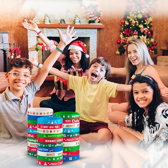 30pcs Christmas Silicone Bracelets for Kids Rubber Wristbands Pack for Christmas Party Favors Supplies Cute Bracelets Bulk for kids&teens Holiday Gifts for Students and Christmas Stocking Stuffers