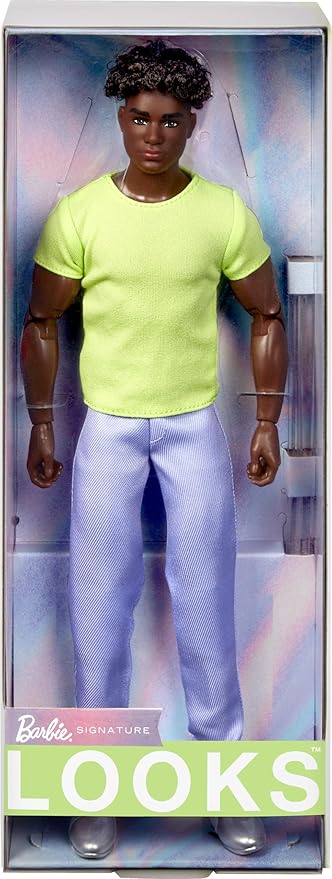 Barbie Looks Ken Doll, Collectible No. 25 with Curly Black Hair & Modern Y2K Fashion, Chartreuse Tee & Pastel Trousers with Silver Boots