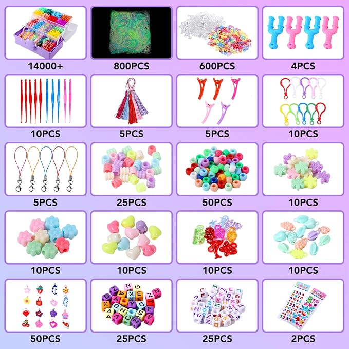 Needbrock 18500+ Bracelet Making Kit Rubber Band, 26 Colors Rubber Band Bracelet Kit Includes 800 Pcs Glow-in-The-Dark Rubber Bands, Bracelet Making Kit Valenines Gifts for Kids Age 8 Above(Purple)