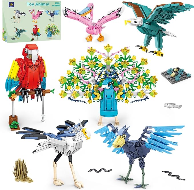 KAZI Bird Building Toy Set,Parrot,Peacock,Fun Building Blocks for Kids Ages 8 and Up,Build and Display Birds Model for Bird Enthusiasts,Easter Basket Stuffers,Gift for Birds Lovers,Party Favors