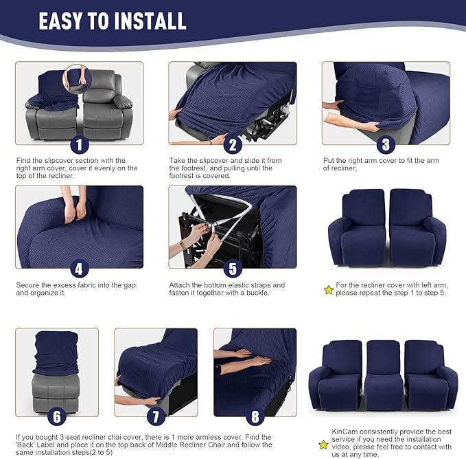 KinCam Recliner Covers, Stretch Reclining Chair Covers, Recliner Sofa Slipcovers Stripe Jacquard Recliner Couch Covers Furniture Protector Covers for Pet Kid (3 Seater, Dark Blue)