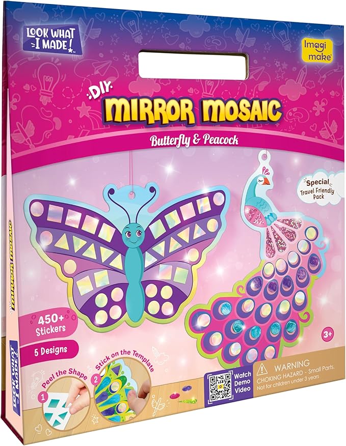 Imagimake Mirror Mosaic Butterfly & Peacock Kids Art Set | DIY Craft Kit | Foil Stickers for Kids | Mosaic Kit | Travel Toys | Birthday Gift for Girls and Boys Ages 3,4,5,6,7,8 |