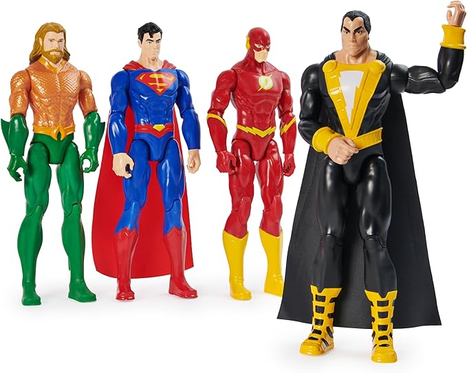 DC Comics, Action Figure 4-Pack, Aquaman, Superman, The Flash, Black Adam, 12-inch, Collectible Superhero Kids Toys for Boys and Girls, Ages 3+