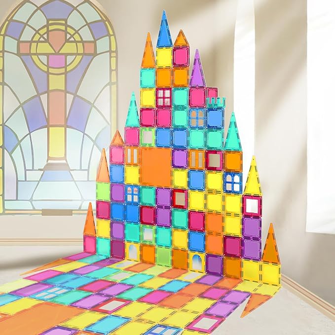 Bmag Magnetic Tiles, 120 PCS Magnetic Building Blocks, 3D Magnet Tiles for Kids Boys Girls, STEM Construction Building Set, Stacking Toys with 2 Car
