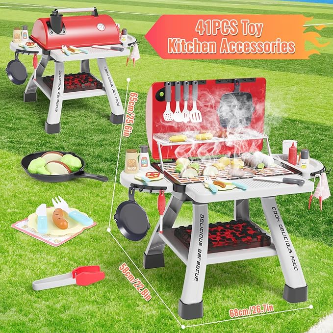 deAO Kids BBQ Grill Playset,23.6" Heigh Kitchen Toy with Realistic Smoke,Light with Toy Grill Toy,41PCS Kitchen Accessories Play Food Toy for Pretend Play Cooking for Kids