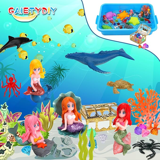 Mermaid Sensory Bin for Girl, Magic Sand Art Kit with LED Light, 2.2lbs Sensory Sand, Ocean Sea Animals, Sand Box with lid, Mermaid Toy Christmas Birthday Gift for Girls Ages 3 4 5 6 7 8…