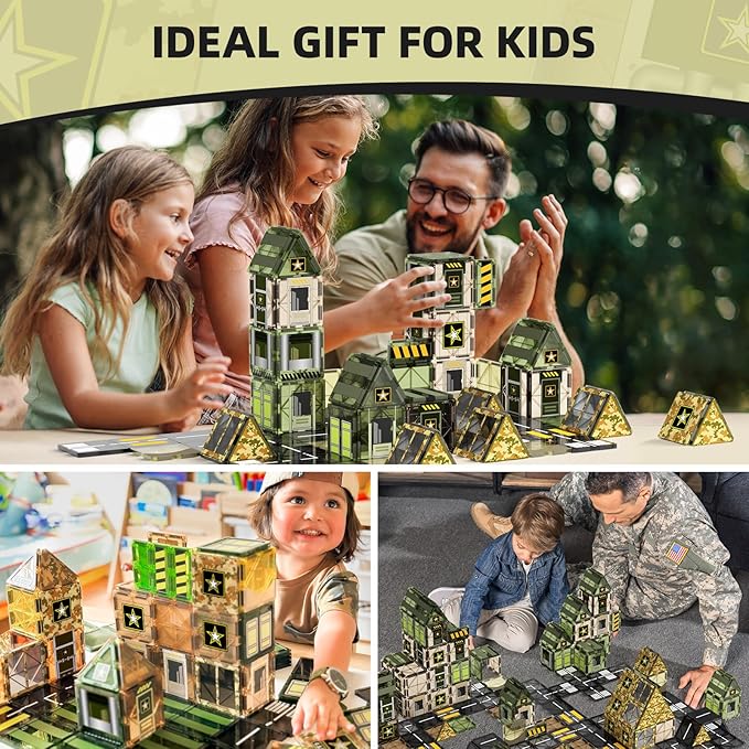 GobiDex Magnetic Tiles Army Toys, Military Magnet Tiles Building Blocks for Toddlers STEM Construction Preschool Toys for Kids Ages 3-5 4-8, 3+ Years Old Boys Girls Birthday Gifts Toys Army Men Games
