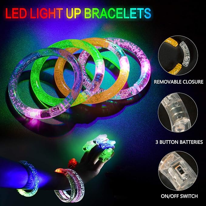 MIBOTE 83Pcs Led Light Up Toys Party Favors Glow in the Dark Party Supplies for Kid/Adults Halloween with 50 Finger Lights, 8 Jelly Rings,Flashing Glasses,Bracelets, Fiber Optic Hair Lights
