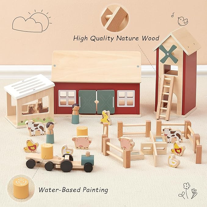 PairPear Wooden Barn Farm Toys with Farm Animals Figures and Tractor, Educational Stacking Learning Toys Gift for Toddler Girls Boys 3+