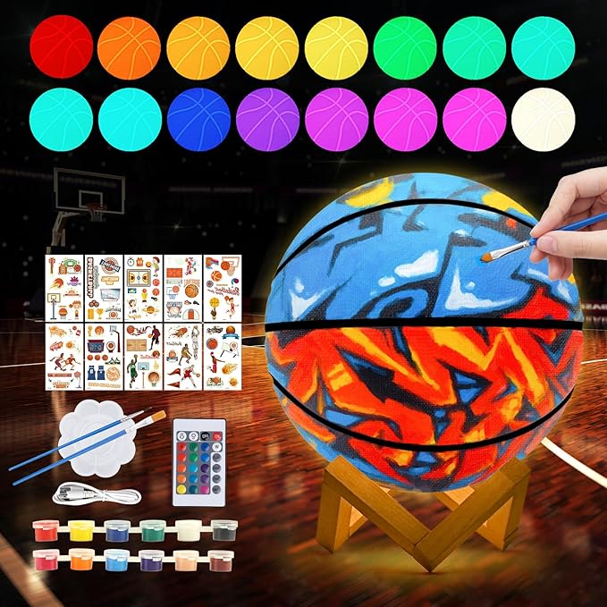 Paint Your Own Basketball Lamp Kit,16 Colors 7.1 Inch DIY 3D Basketball Night Light,Arts and Crafts for Kids Ages 4-12,Art Supplies for Kids Girls Boys Birthday Gifts