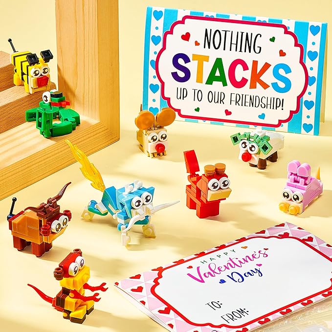 Valentines Day Gifts for Kids - 24 Pack Animal Building Block Set with Valentines Day Cards for Kids Classroom School, Kid Party Favors Goodie Bags Bulk Classmate Exchange Gift Classroom Prize