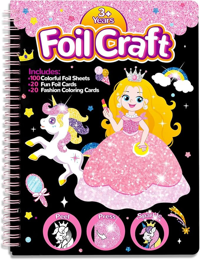 Syahro Art Craft Activity for Kids: Foil Funny Princess, Unicorn and Mermaid Carefree Creative Travel Set, Idea for 3 4 5 6 7 8 9 Year Old Girls，Art Travel Toy Suitable for Girls