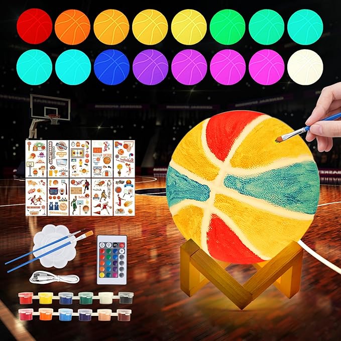 Paint Your Own Basketball Lamp Kit,16 Colors 5.9 Inch DIY 3D Basketball Night Light,Arts and Crafts for Kids Ages 4-12,Art Supplies for Kids Girls Boys Birthday Gifts