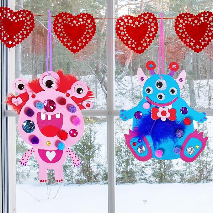 Winlyn 24 Sets Valentine Decorations DIY Valentine Monster Ornaments Craft Kits Hearts Monster Art Sets Foam Valentine Stickers for Kids Valentine's Day Party Classroom Activities Gift Exchange